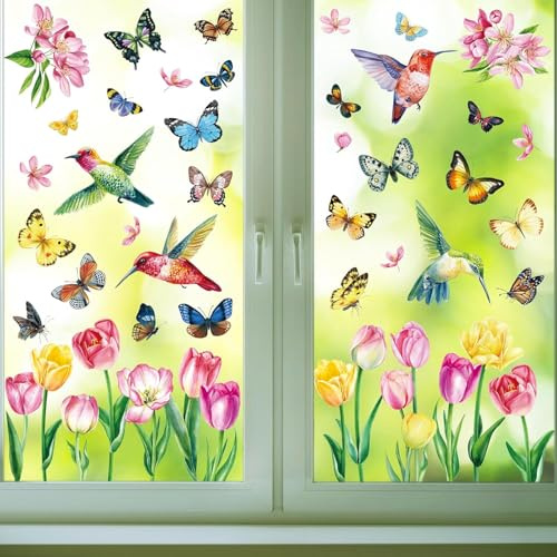 63 Stück Fensterbilder Frühling Deko,Blumen Sommer Fensterbilder mit Blüten und Schmetterlinge Motiv - Statisch Haftende Fensteraufkleber Selbstklebend Frühlingsdeko