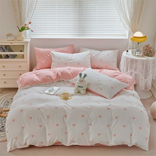 ZBOOM Herz Bettwäsche 140x200 Rosa Weiß Herzen Bettbezug Kinder Mädchen Mikrofaser Herzmuster Wendebettwäsche Set mit Reißverschluss und Kissenbezug 70x90cm