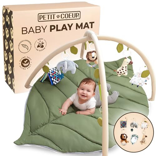 Baby Play Mat Newborn Babies to 18 Months - Leaf Shaped Baby Gym Play Mat with Detachable Hanging Toys for Babies - Playgym for Newborn Sensory Tummy Time Playmats & Floor Gyms for 0-18 Month Old