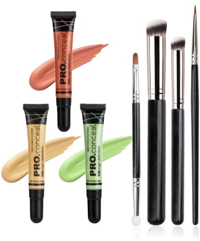 Set de correctores líquidos, 3 tonos de corrector en crema (8 g cada uno), maquillaje ligero, de larga duración y cobertura total, sin aceite, para ojeras e imperfecciones, 4 brochas de maquillaje