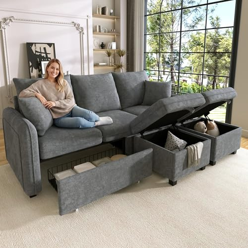 Merax Multifunktionales Ecksofa, 3-Sitzer Polster-Sofa mit Schlaffunktion, mit 2 Staufunktion Hocker, mit 2 Schubladen, modular zerlegbar, Cord-Stoff, für kleine Wohnungen, Dunkelgrau