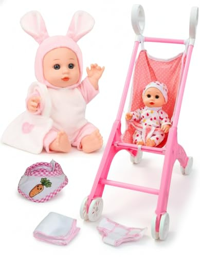 PLAYFULBAY Baby Doll Stroller Set med Adorable Bunny Outfit & Mer Accessories, Säker & Tålig Design för Imaginativ Spel, Perfekt Present för Barn 3+ år