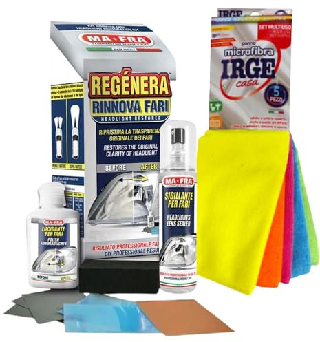 Set: Kit REGÉNERA RINNOVA FARI, Ripristina La Trasparenza Originale dei Fari. Composto da 1 Sigillante Fari 125ml, 1 Lucidante 80g, 1 Supporto Lucidatura e 16 Carte Abrasive + 5 Panni Microfibra