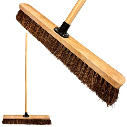 LS 24” Outdoor Garden Broom Heavy Duty Yard Brush with Wooden Handle Natural Stiff Bassine Bristles & Metal Support Bracket Outdoor Cleaning & Sweeping (PACK OF 1, 24 Stiff Natural Bassine Bristles)