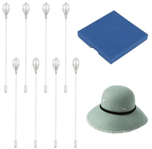 BENECREAT 8 Spilla Da Cappello con Perla Bianca, Spille di Sicurezza In Platino per Cravatta, Sciarpa, Cappelli Da Cowboy Occidentali, Accessori di Capelli, 125mm