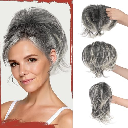 Sofeiyan Queue de Cheval Extension Naturel, Clip Ponytail Cheveux avec Fil Métallique Flexible Intégré, Perruque Postiche Synthétique Courte Droite pour Femmes,Sel et Poivre