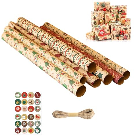 6 Fogli Rotolo di Carta da Regalo Natalizia + Etichette Natalizie Adesive + Nastri Natalizi, Regalo Natalizie Carta Kraft, Carta da Regalo Natal Set (50 x 70 cm)