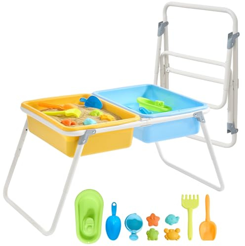 FUNLIO Foldable Sand and Water Table for 3-6 Years, Height Adjustable Toddler Sensory Table with dust Cover, 2 Storage Bins & Beach Accessories, Easy to Carry & Storage, CPC Certified