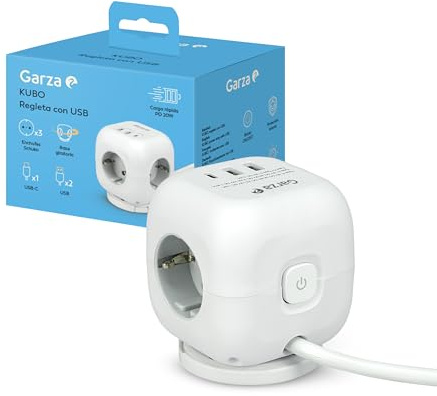 Garza - Regleta Múltiple Cubo 6 en 1 con 3 Enchufes Schuko, 2 USB-A y 1 USB-C PD20W, Carga Rápida QC3.0, Botón ON/Off, Diseño Compacto Antibloqueos y Estilo Moderno