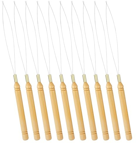 10 Stück Bartperlen Einfädler Haarverlängerungs Schleifen Einfädelhilfe Nadel Set mit Holzgriff Haar Zubehör Schlaufen Perleneinfädler Schleife Nadel Nadeleinfädler Ziehhaken für Haar