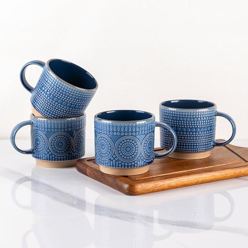 GBhome 350 ml stapelbara kaffekoppar i keramik med texturmönster för män, kvinnor, far, mor, moderna koppar, set om 4, för latta/cappuccino/kakao, diskmaskins- och mikrovågsugnssäkra