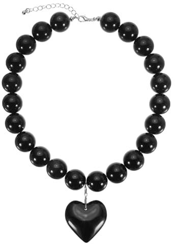 sourcing map Chunky Beaded Necklace, Adjustable Acrylic Round Beaded Necklace Big Ball Bead Collar Necklaces with Heart Pendant for Women Handmade Jewelry Trendy Accessories, Black