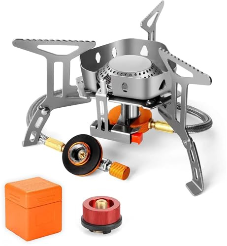 Hornillo de camping de 3500 W, resistente al viento, con encendido piezoeléctrico, plegable, cocina de gas con adaptador (plata)