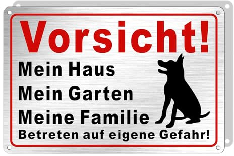 Hivia Vorsicht Hund Schild 30x20cm – Hier Wache Ich, Gebürstetes Aluminium | Wetterfestes Warnschild für Hunde mit Vorbohrungen. Robustes Außenschild für Grundstück, Garten, Haus. Langlebig
