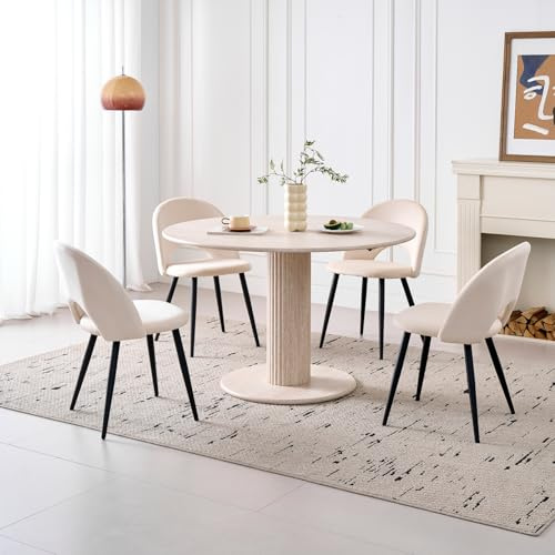HJhomeheart Esszimmer-Set: Runder Esstisch (115 cm Durchmesser) und 4 Stühle aus holländischem Samt, geeignet für Esszimmer, Küche und Wohnzimmer (Beige + Beige)