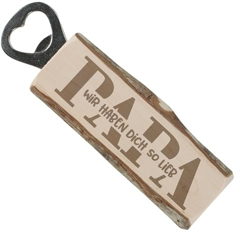 Herz & Heim® Flaschenöffner für Papa aus Holz personalisierbar mit Gravur – Kapselheber aus Naturholz mit Rinde & Edelstahl – Bieröffner rustikal als Vatertagsgeschenk