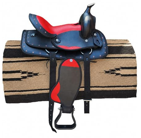 Brama West Kinder-Westernsattel „Little Cowboy“ mit Decke – Kindersattel mit Strasssteinen inkl. Steigbügel – ideal für Pony Shetty Holzpferd – Schwarz/Rot (12 – ca. 6–10 Jahre)
