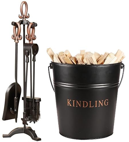 Copper Fireplace Companion Tool Accessories Set & Black Kindling Firewood Log Bucket