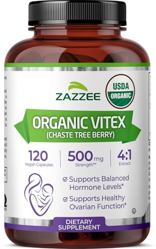 Zazzee USDA Organic Vitex, 500 mg Strength, 120 Vegan Capsules, 4 Month Supply, Kosher, Standardized and Concentrated 4X Extract, Whole USDA Certified Organic Chaste Berry, All-Natural and Non-GMO