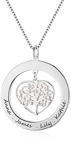Bo&Pao Lebensbaum Namenskette 925 Sterling Silber, Baum Kette mit Gravur, Familien Stammbaumkette Herz