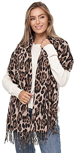 Glamexx24 Damen XXL Schal Kuscheliger warmer Leoparden Muster 3 farbiger Fransen Poncho Schal Oversized Deckenschal