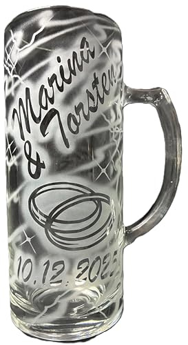 Bierkrug 0,5 l mit Gravur Hochzeit Hochzeitsglas Namen und Datum personalisiert Glas Krug Bierglas Bierseidel Glaskrug individuell Geschenk Verlobung Heirat silberne goldene Hochzeit