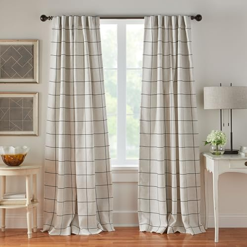 Elrene Windowpane - Paneles de Cortina Opaca a Cuadros para Sala, Dormitorio, Comedor, Lino, Negro, 52 Pulgadas de Ancho x 95 Pulgadas de Largo (Paquete de 1)