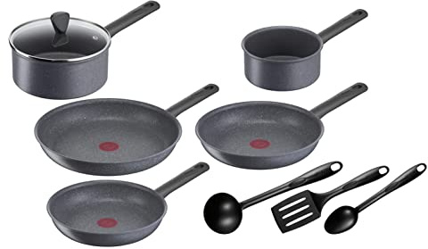 Tefal Natural On Kochtopf-Set, 9 P, 16/20 cm + Deckel, Pfannen 24/26/30 cm, Antihaftbeschichtung, Thermo-Signal, Französische Herstellung, Induktion, G2809202 Steingrau