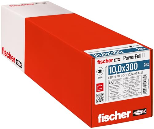 fischer PowerFull II 10,0 x 300, Premium Vollgewindeschraube (25 Stk.) mit innovativer Spitzengeometrie, Stahlschraube für tragende Holzkonstruktionen mit Zylinderkopf, vermindert Spaltrisiko
