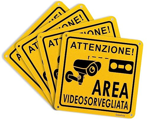 Cartelli Area Videosorvegliata a Norma GDPR con Adesivo autoadesivo e Fori Preforati in alluminio 15x15cm 4pz Protezione UV Riflettente per Resistenza all'Acqua e Durata nel Tempo