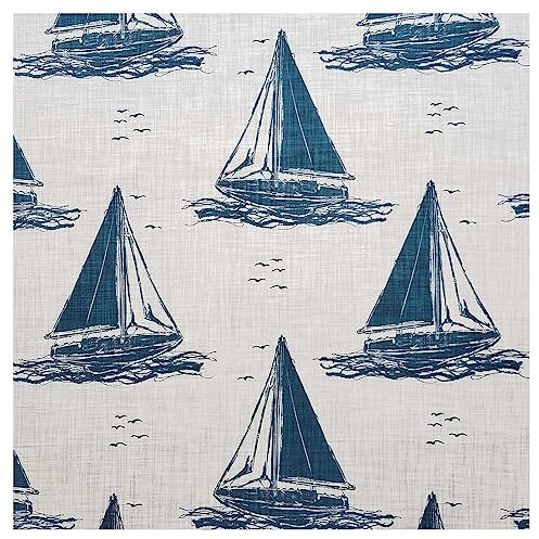 Maritimer Dekostoff Segelboot Sommerwind reine Baumwolle mit Leinenoptik Meterware mit Segelschiff und Möwen in Natur-Blau 140 x 50 cm