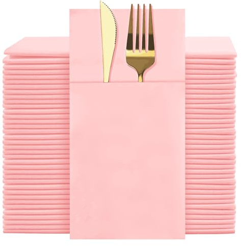 Pink Dinner Napkins Disposable - 50Pack Linen-Feel Paper Napkins with Built-in Flatware Pocket, Prefolded Cloth Like Paper Napkins Bulk For Dinner, Wedding, Party or Everyday Use(Pink)