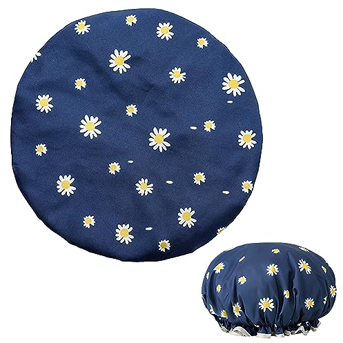 Shower Cap for Women，Double Layers Waterproof Shower Caps with Unique Flower Pattern Reusable Shower Cap for Long Short Curly Hairs(Blue)