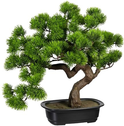 CREATIV green künstlicher Bonsai Kiefer Baum 40 x 40cm I Bonsai Baum künstlich mit Kunststoff-Topf 22 x 15 x 6cm in schwarz I künstliche Pflanzen als Wohnzimmer Deko I Kunstpflanze Bonsai