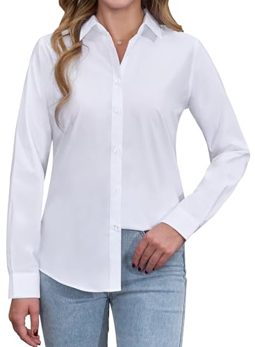 siliteelon Womens Shirts White Shirt for Women Long Sleeve for Women UK Regular Fit Women's Blouses Business Casual Work Office Button Down Shirt L