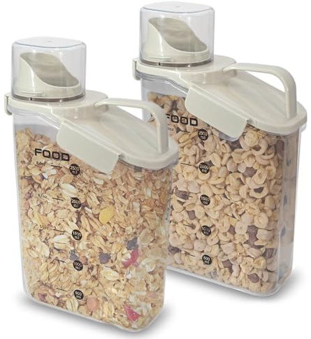 Two Pack Food & Cereal Storage Container - 2.6L Airtight Plastic Kitchen Organizer Bin with Pouring Spout, Measuring Cup Lid, Ideal for Dry Food, Rice, Sugar, Pet Food dispenser - BPA free
