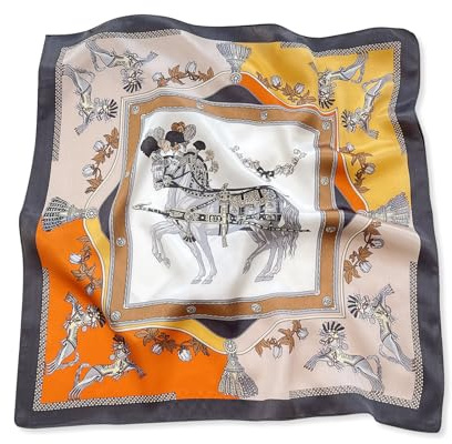LumiSyne dam sidenscarf fyrkantig halsduk vintage hästmönster lätt satin orange 53x53 cm