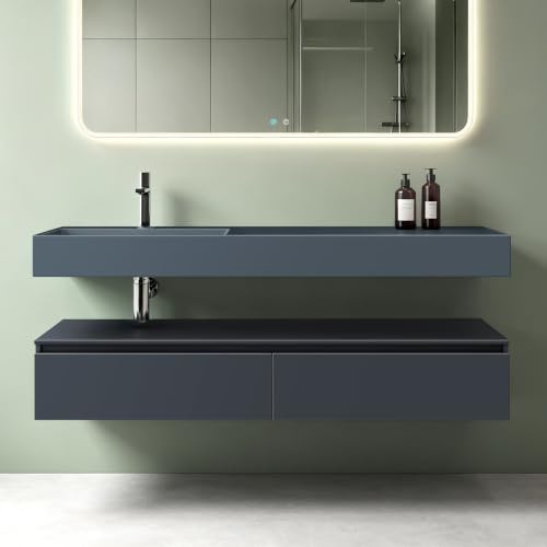 Mai & Mai Meuble Salle de Bain Gris Noir Mat Ensemble de 2 Pièces 150cm | Ensemble de Meubles, Lavabo Inclus, Meuble sous Lavabo Suspendu avec Tiroir, 150x48x25cm, UP