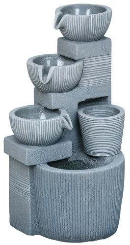 Outsunny Fontaine de Jardin à énergie Solaire Fontaine à Cascade en résine à 4 Niveaux avec lumières LED Pompe et Pot de Fleur dim. 31L x 27l x 57H cm Gris