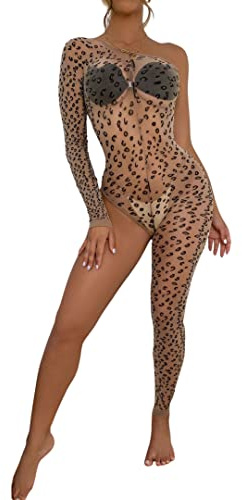 ROSVAJFY Women’s Leopard Bodystocking Sexy Sheer Mesh Bodysuit Full Body One Sleeve One Leg, Leopard Print One Piece Lingerie Body Stockings Stretchy Teddy Catsuit Jumpsuit