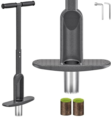 Dolibest Bulb Planter, 84cm Long Handled Bulb Transplanter Lawn Flower Planting Multitool 9cm Depth Sharp Serration Potato Tulip Daffodil Garden Tool with Centre Auto Dump for Soil Sampler