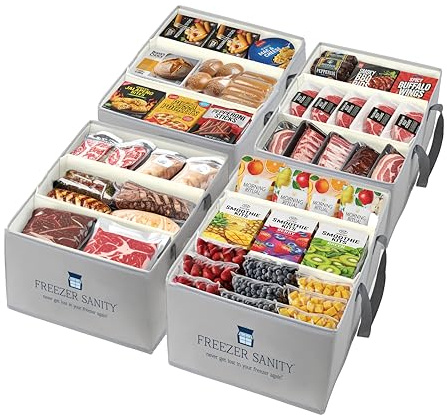 FREEZER SANITY The Original Chest Freezer Organizer Bins, Stackable Storage Organizers, Deep Freezer Dividers, Handles, Heavy-Duty, Water-Proo (4 Pack Large 19x14x9) | Storage Containers, Stackable, Custom Dividers, Long Handles, Waterproof, Collapsible, Sturdy, Freezer-Safe Material, Baskets