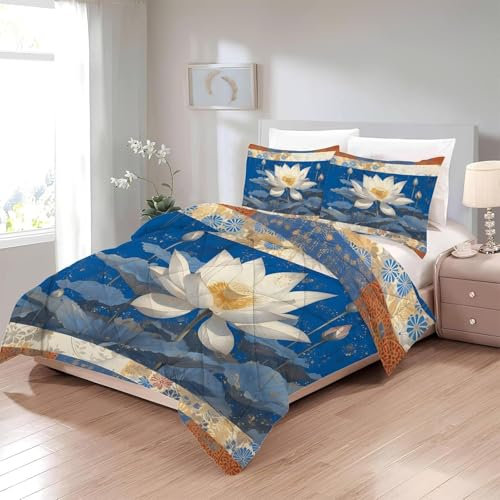 Bettdecke 200x220 Ohne Bezug Nutzbar, Blumen Lotusblumen Bettdecken Waschbar Ganzjahresdecke Aquarell 4 Jahreszeiten Steppdecke, Bettzeug Microfaser mit 2 Kissenbezug für Sommer Winter Doppelbett