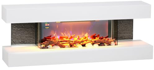 HOMCOM Caminetto elettrico 2000 W a parete o a pavimento falso camino 120L cm con mantello, cornice in vetro, effetto fiamma LED regolabile, ceppo, rulli, timer, temperatura 15-40℃, telecomando,