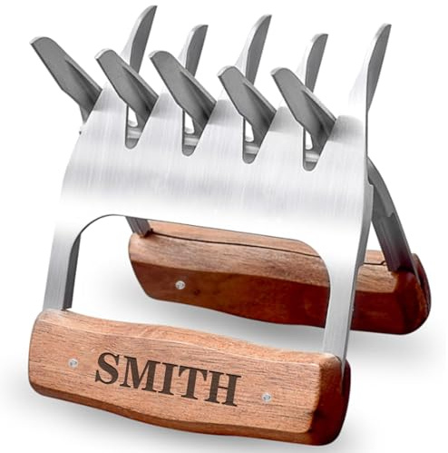 Fleischzerkleinerer aus Metall, personalisierbar, Set mit 2 hochwertigen Fleischgabeln aus 18/8 Edelstahl mit Holzgriff, individuelles Grillgeschenk für Männer, Frauen, Vater, Ehemann, individueller