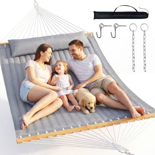 Everyfun Double Hammock with Spreader Bar,Soft Pillow,Max Load 500lbs,Portable Hammock for Outdoor,Camping,and Backyard,Dark Gray