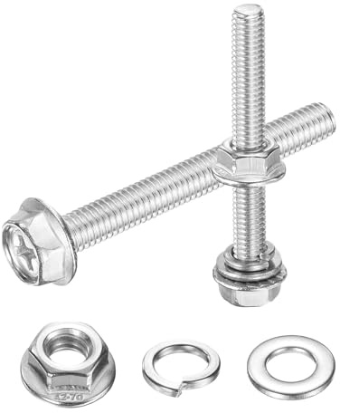 sourcing map Tornillos de cabeza hexagonal con brida M6 x 50 mm, 10 tornillos hexagonales de brida de acero inoxidable 304 con tuercas, arandelas planas y de bloqueo, totalmente roscados, para la