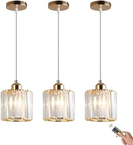 3 Pack Rechargeable Battery Operated Pendant Lights with Remote Modern Crystal Glass Ceiling Hanging Lamps Wireless Gold Lighting for Kitchen Dining Room Bedroom