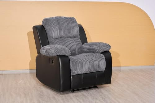 Rio Recliner Black/Grey Jumbo Cord Fabric 3+2+1 Seater Sofa Set - For Living Room Furniture - Manual Recliner Sofa with Dropdown Table & Cupholders (1 Seater)