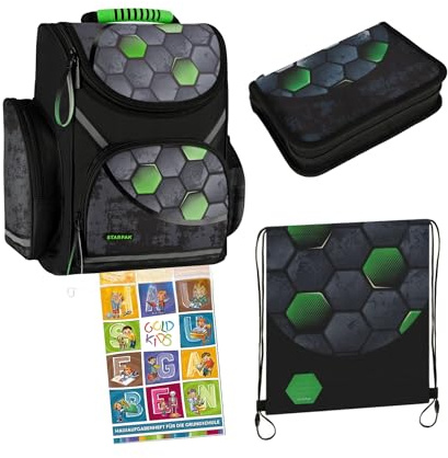 Goldkids - Schulranzen für Jungen und Mädchen, 4er-Set - Schul-Rucksack für Kinder mit Federmäppchen - Schuhbeutel und Hausaufgabenheft - Football Motiv - 1-3 Klasse